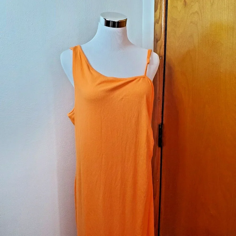 Women's 2X Orange Dress Madden NYC Asymmetrical Neckline Shirred Side Cut Out - Picture 6 of 14